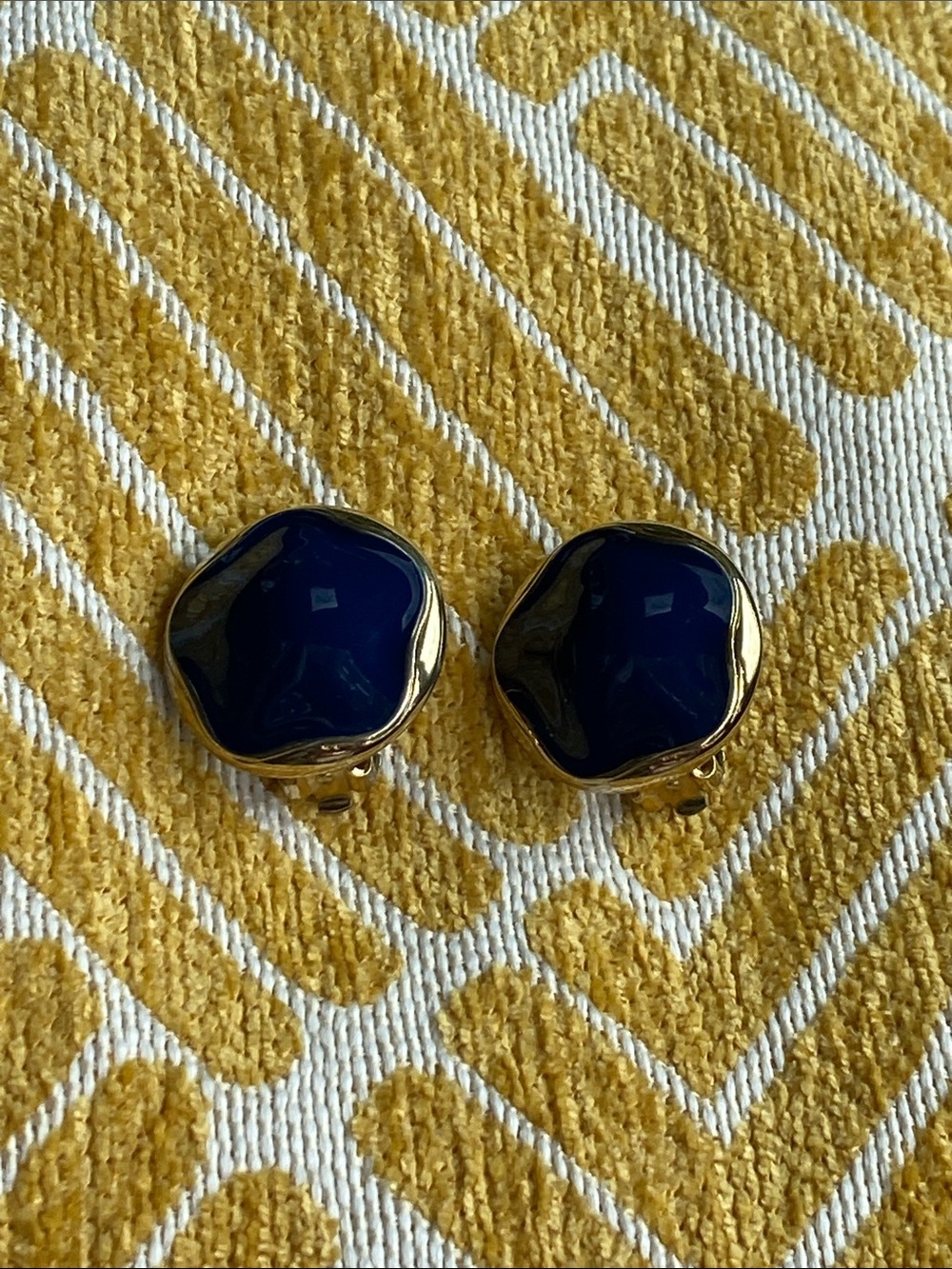 Signed Daria Gold Clip-On Earrings with Blue Enamel
